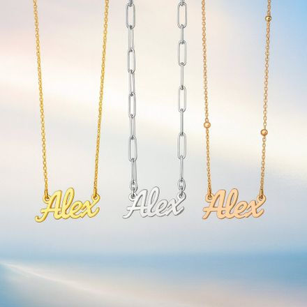 three different styles of necklaces with the word alex on them