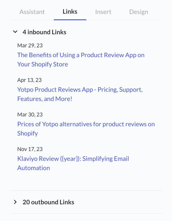 A screenshot containing a number of inbound and outbound links to a blog post, automated via Entail AI's headless CMS.