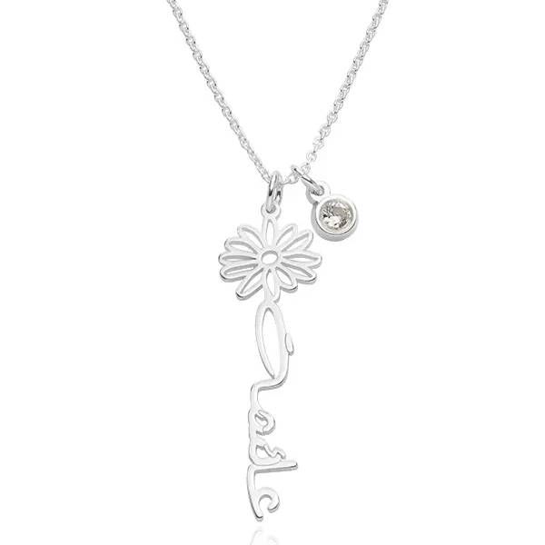 Sarah Blooming Birth Flower Arabic Name Necklace with Birthstone in Sterling Silver