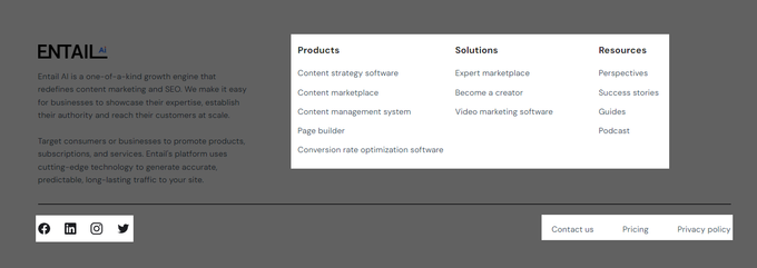 Example of footer links on Entail's website