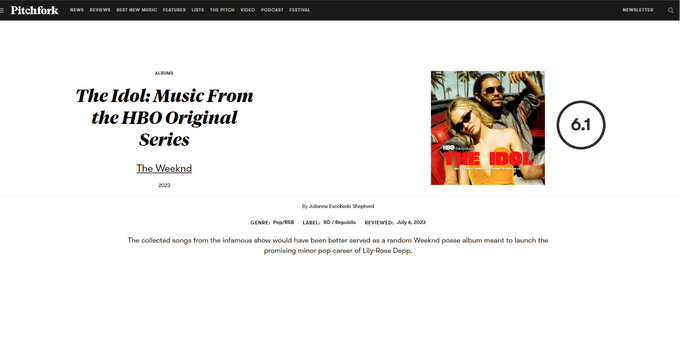Screenshot of Pitchfork's review of "The Idol: Music From the HBO Original Series"