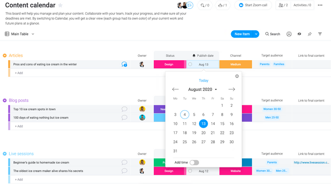 Screenshot of a content calendar from monday.com