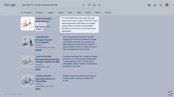 Screenshot of products in Google's search results from Google I/O 2023