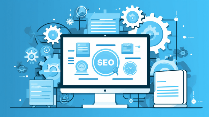 Graphic of a computer screen surrounded by SEO-related icons