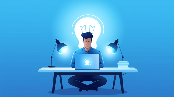 Graphic of a man sitting at a desk with a laptop in front of him
