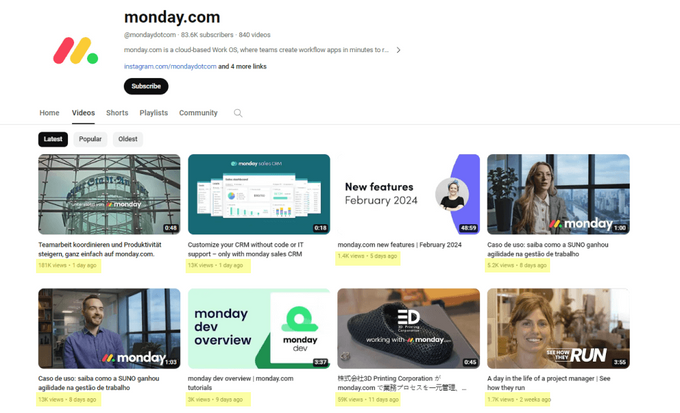 Example of a consistent YouTube posting schedule from monday.com