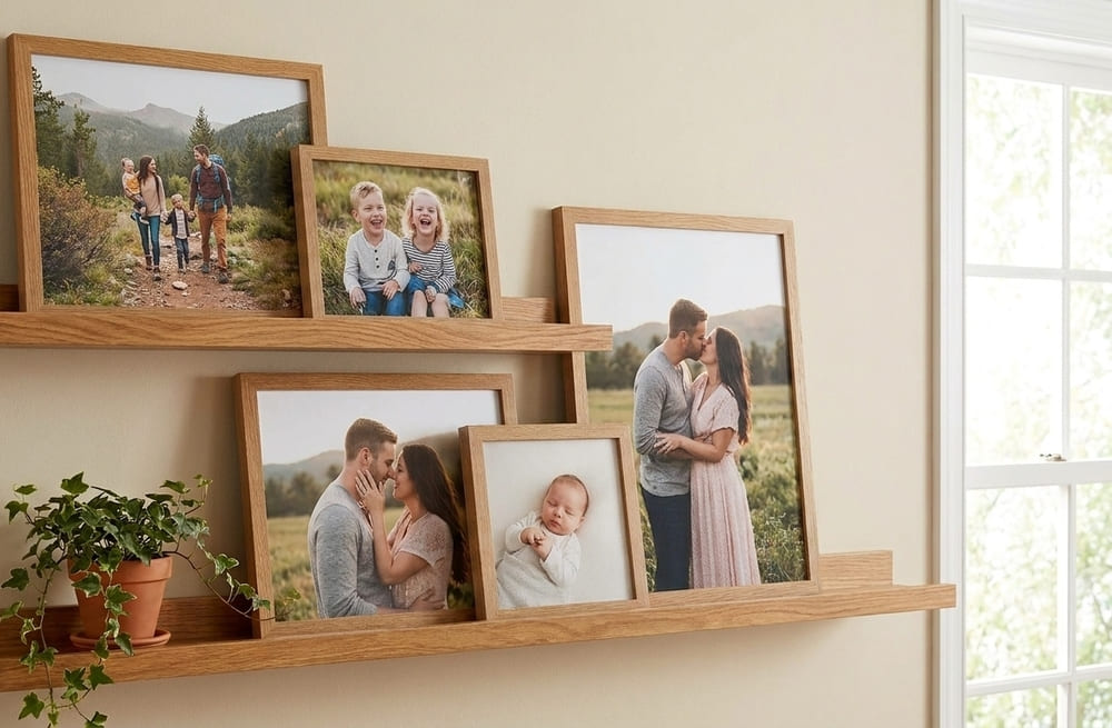 A photo ledge wall gallery layout.