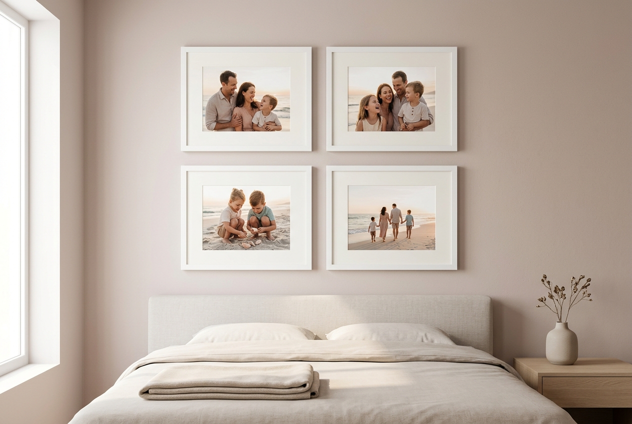 a bedroom with four pictures hanging on the wall