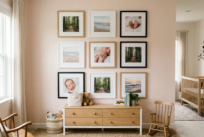 Kids room gallery wall with framed baby photos, nature prints, and beach photography in wood, black, and white frames.