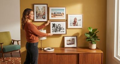 a woman standing in front of a wall with pictures on it