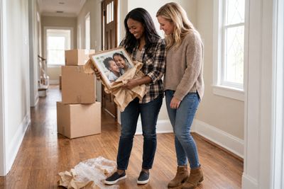 Woman handing a friend an oak solid-wood frame holding a photo of two laughing children at a new home's doorway.
