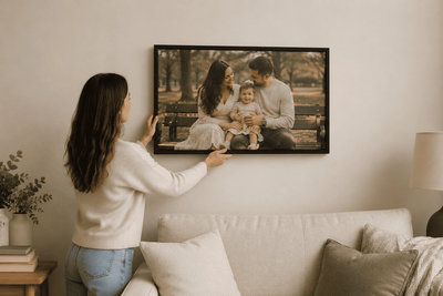 A woman putting up a framed canvas.