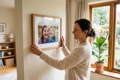 Parent gently straightening a framed close-up photo of two laughing children in a solid oak frame