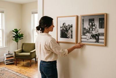 a woman holding a picture of a family hanging on a wall
