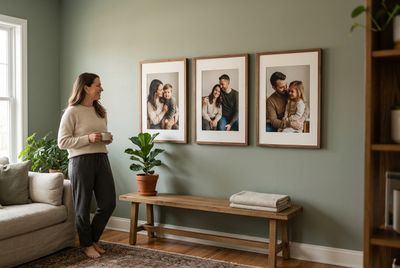 a woman standing in a living room next to a couch