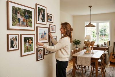 a woman is hanging pictures on a wall