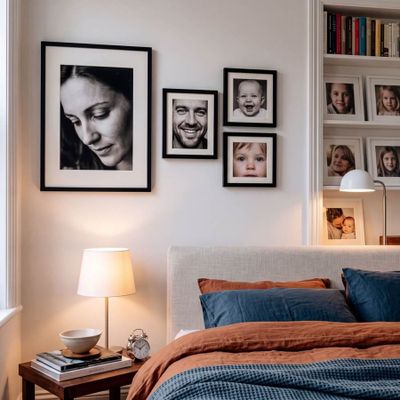 a bedroom with pictures on the wall above the bed
