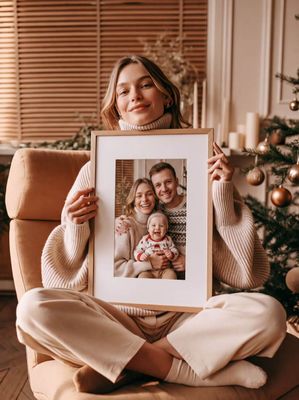 a woman sitting on a chair holding a picture of a family