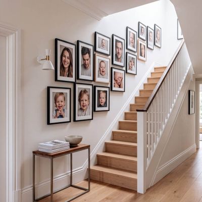 a staircase with a bunch of pictures on the wall