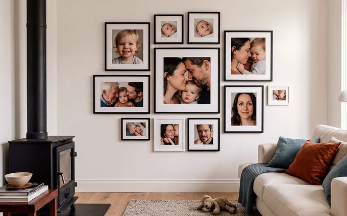 a living room with a couch and pictures on the wall
