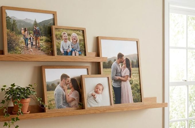 A photo ledge wall gallery layout.