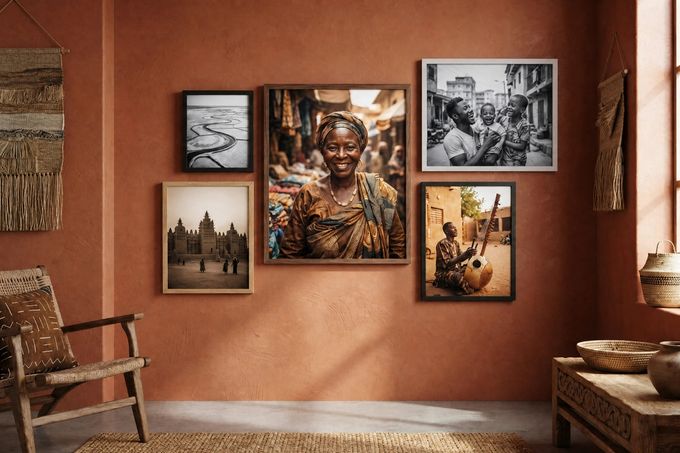 a living room with a chair and pictures on the wall