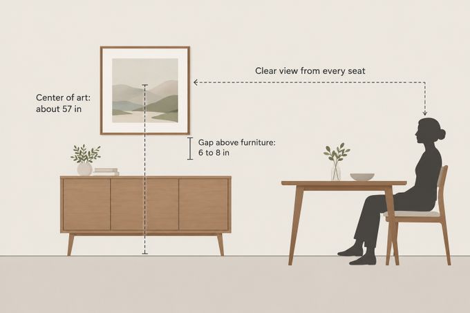 Side-view diagram of a dining room with art centered about 57 inches high and 6 to 8 inches above a sideboard.