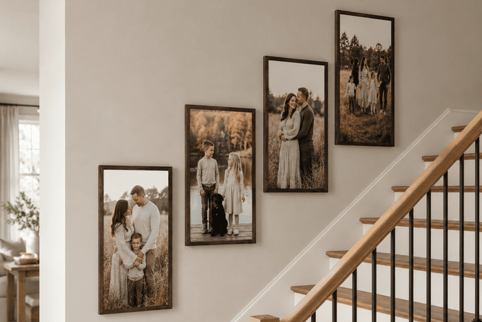 Staggered oversized vertical frames.