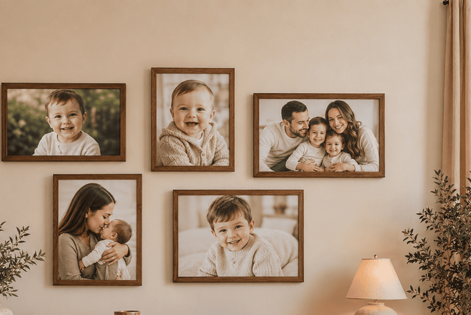 Family photos in portraits on a wall.