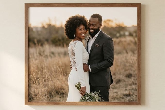 Custom framed wedding photo on a wall.