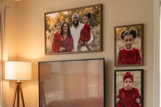 A wall gallery layout in a living room.