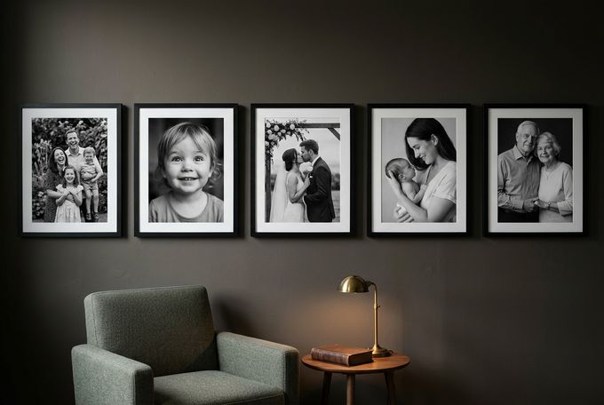 a living room with a chair and three pictures on the wall