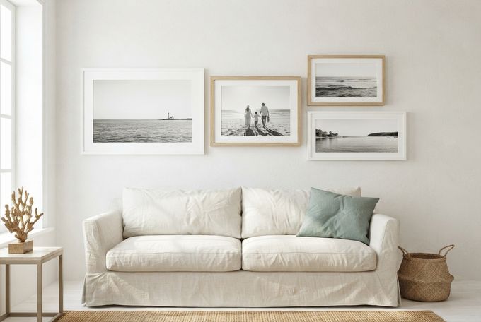 a living room with a white couch and pictures on the wall