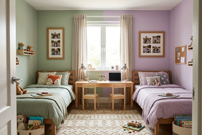 Shared bedroom with two beds, each with its own oak collage frame, on lilac and sage walls with a shared desk.