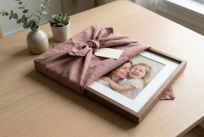 Custom Photo to Art Gift Idea Walnut solid-wood frame with a white mat displaying an oil-painting-style portrait of a mother and daughter, partly wrapped in rose linen.