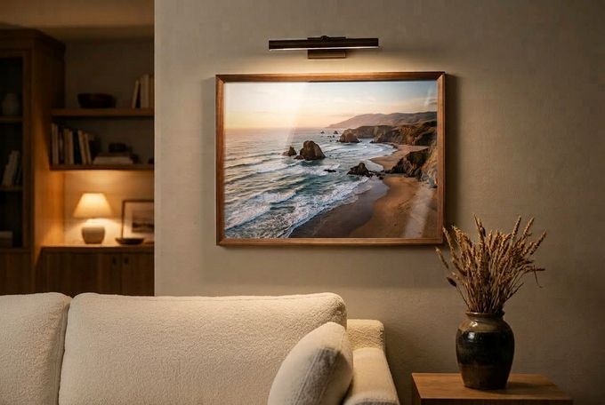 a living room with a couch and a painting on the wall