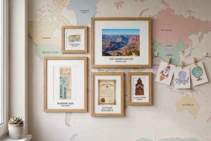 Oak frames with travel keepsakes and a certificate on a world-map wall, with drawings clipped to a cord beside them.