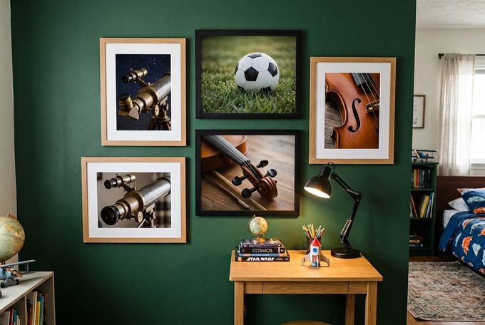 Five black and oak frames in a cluster on a green wall above a desk, showing a telescope, soccer ball, and violin