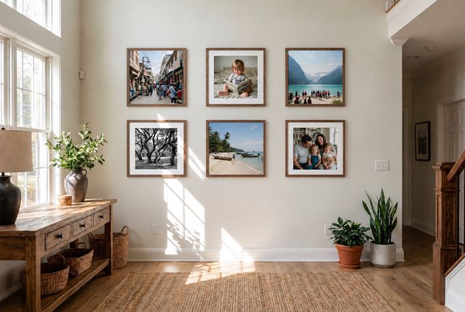 a living room filled with furniture and pictures on the wall