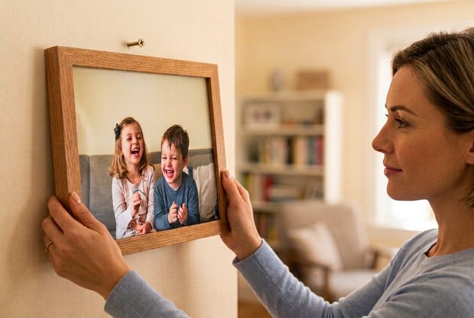 a woman holding a picture of a family hanging on a wall