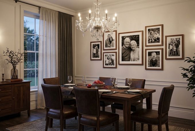 a dining room with a table and chairs and pictures on the wall