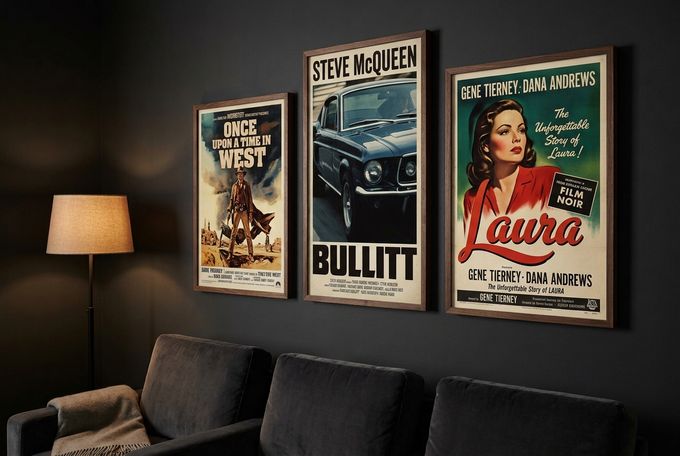 a living room with a couch and three posters on the wall