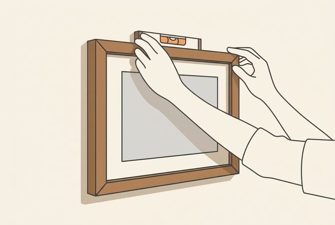 a person levelling a picture frame on a wall