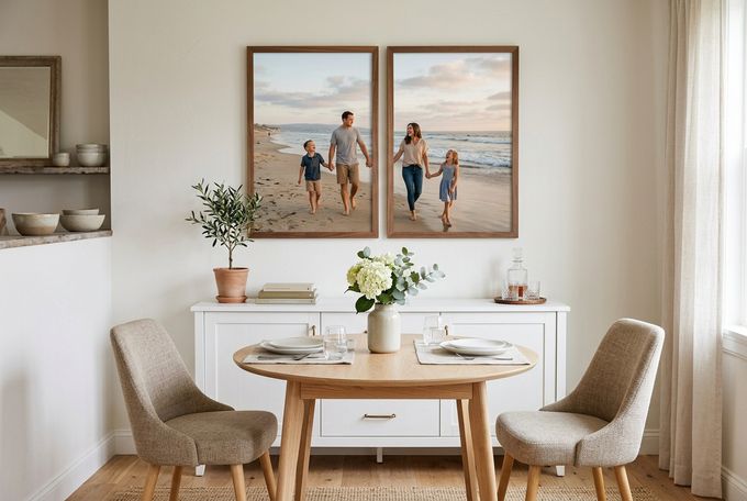 Two walnut solid-wood frames showing one wide family beach photo split across them, above a white sideboard.