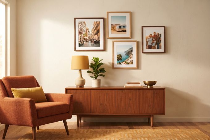 Mid-Century Modern Decor Style a living room with a chair, table and pictures on the wall