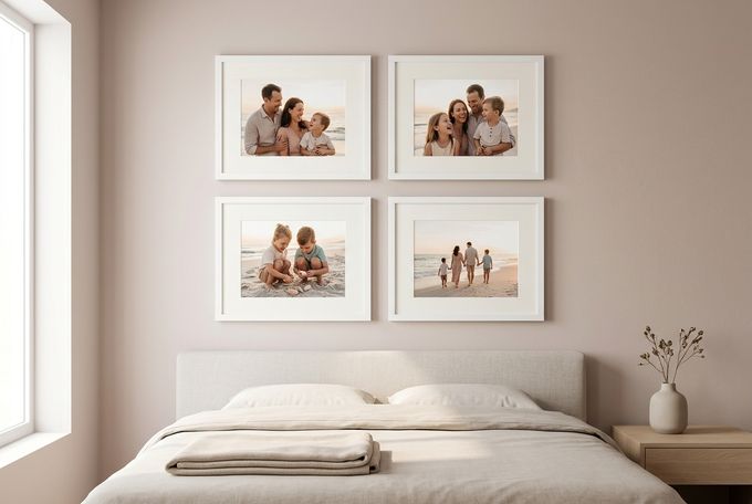 a bedroom with four pictures hanging on the wall