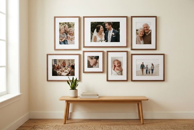 a wall with a bunch of pictures hanging on it