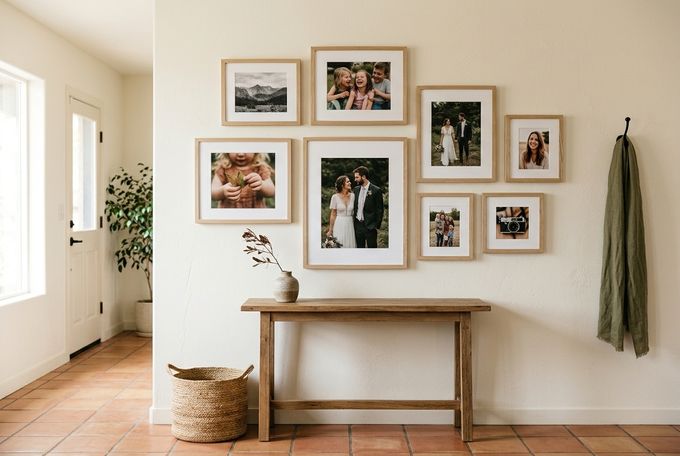 a wall with a bunch of pictures hanging on it