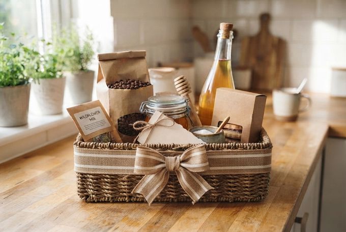 Neighborhood Basket Housewarming Gift Woven basket of local coffee, honey, cookies, tea, and a salt pot on a kitchen counter.