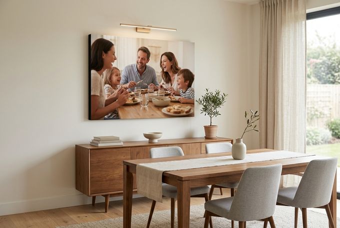 a picture of a family sitting at a dining room table